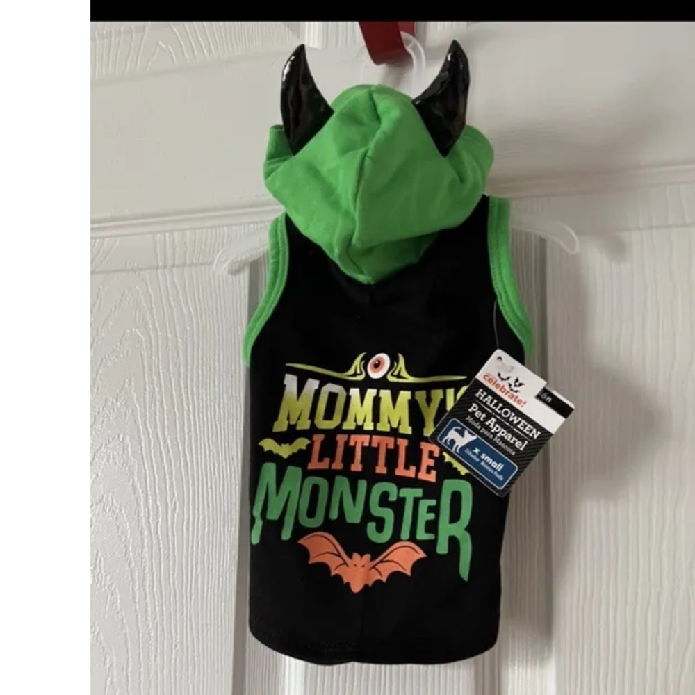 Celebrate Halloween Pet Apparel shirt w/ hood Mommy’s little monster SZ XS NWT